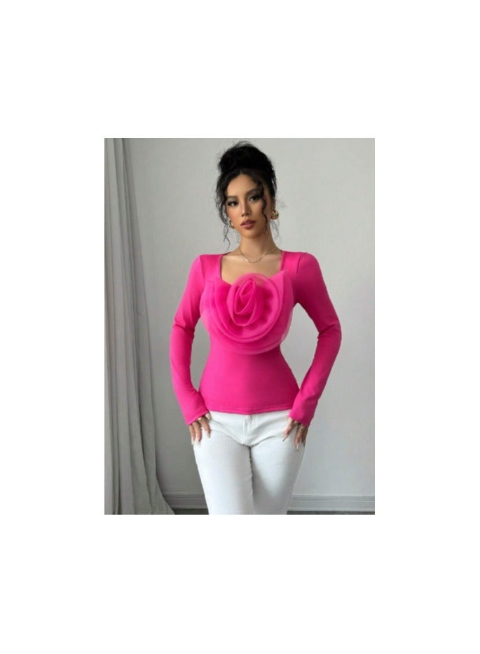 Shein SHEIN Raffinéa Solid Color Square Neck Elegant Romantic Rose Embellished Fitted Comfortable Women Long Sleeve T-Shirt  - Image 3