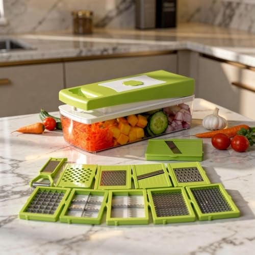 Well Set 12 in 1 Multipurpose Chopper, Fruits & Vegetable Cutters, Grater Peeler Chipser, Unbreakable Food Grade Body, Easy Push to Clean Button Slicer Dicer, Chopper for Kitchen - Image 1