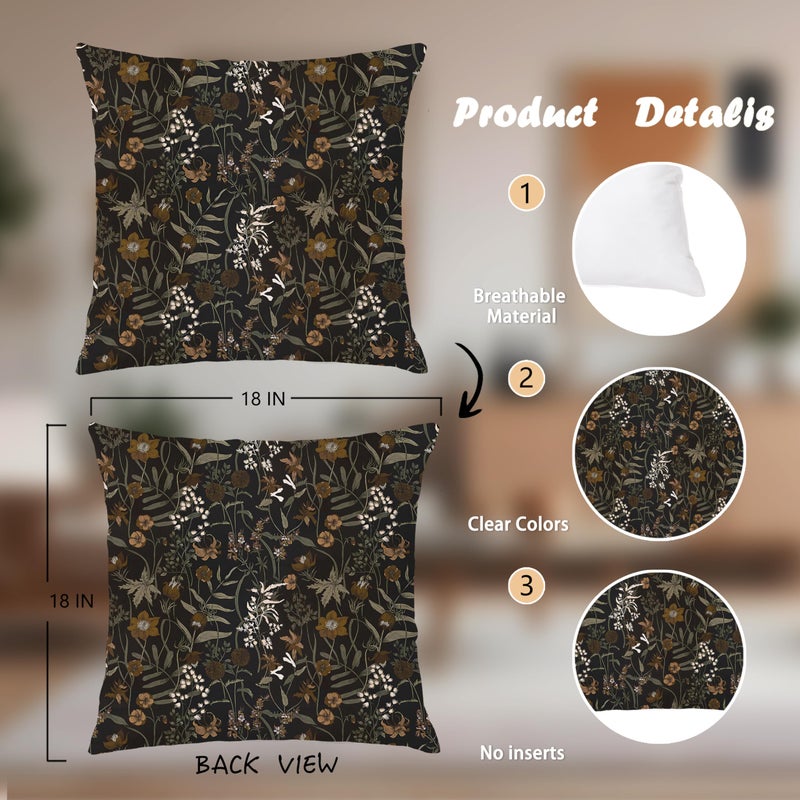 Nipil Moody Vintage Floral Botanical Pillow Covers 18x18, Flower Floral Room Decor, Retro Dark Cottagecore Rustic Nature Wildflower Plant Decorative Throw Pillow Covers - Image 2
