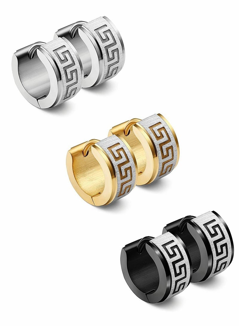 إكسفور رجالي الفولاذ المقاوم للصدأ أقراط هوب فريدة من نوعها مطعمة صغيرة ، 3 أزواج من مفاتيح فريدة من نوعها اليونانية ، الأزياء والمجوهرات الشرير الهدايا ( الفضة والذهب والأسود ، 3 أزواج ) - Image 5