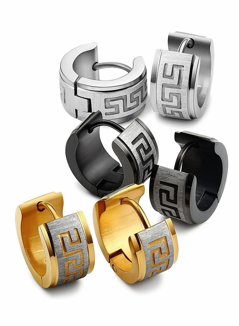 إكسفور رجالي الفولاذ المقاوم للصدأ أقراط هوب فريدة من نوعها مطعمة صغيرة ، 3 أزواج من مفاتيح فريدة من نوعها اليونانية ، الأزياء والمجوهرات الشرير الهدايا ( الفضة والذهب والأسود ، 3 أزواج ) - Image 1