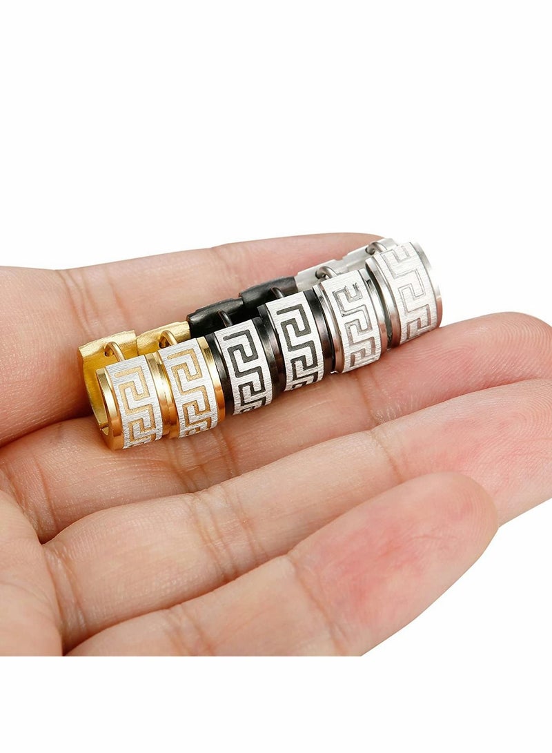 إكسفور رجالي الفولاذ المقاوم للصدأ أقراط هوب فريدة من نوعها مطعمة صغيرة ، 3 أزواج من مفاتيح فريدة من نوعها اليونانية ، الأزياء والمجوهرات الشرير الهدايا ( الفضة والذهب والأسود ، 3 أزواج ) - Image 4