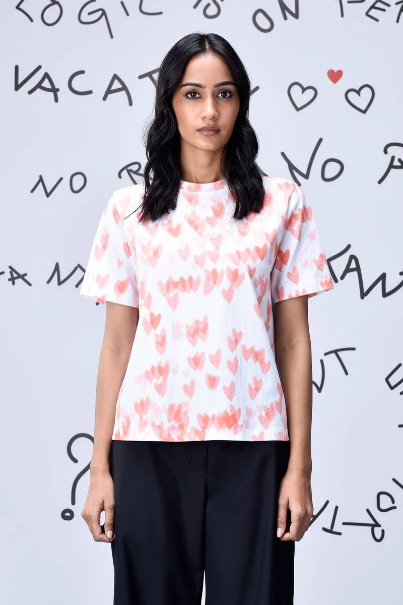 Genes Lecoanet Hemant تيشيرت قطن جيرسي فردي بلون الخوخي المرجاني بطبعة قلب