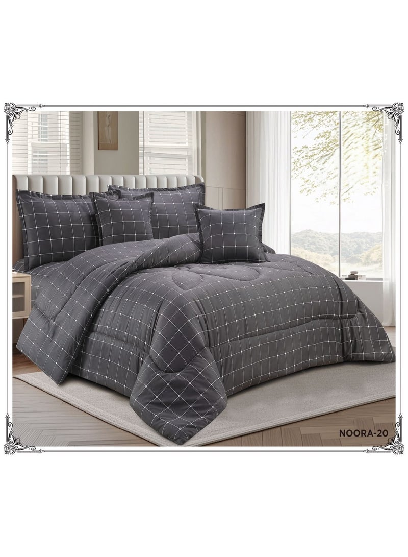 Double summer bedspread set, reversible (one side patterned, one side plain), 6 pieces. Comfort and elegance for your bedroom decor. Includes: 1 comforter (220*240cm), 1 fitted sheet (200*200cm), 2 pillowcases (80*50cm), and 2 pillowcases (50*50cm).