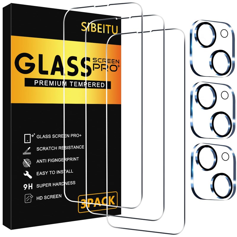 SIBEITU 3 Pack Screen Protector for iPhone 15 Plus with 3 Pack Camera Lens Tempered Glass Protector, 6.7 Inch HD Clear 9H Hardness Full Coverage, Scratch Resistent, Easy Installation, Bubbles Free - Image 1