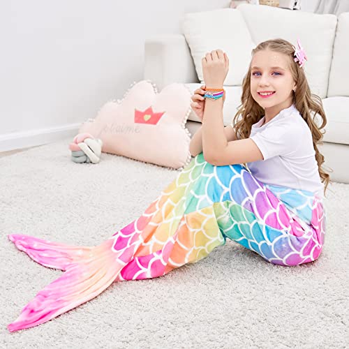 WERNNSAI Mermaid Tail Blanket - Wearable Mermaid Soft Blanket with Hairpin and Bracelet for Girls Kids Rainbow Soft Flannel Snuggle Blanket 55’’ x 24’’ Gift for Birthday Christmas - Image 5