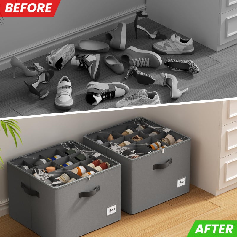 PHINOX Shoe Organizer for Closet, 2 Pack Fabric Shoe Organizer Storage Box, Shoe Storage Containers with Clear Cover, Closet Shoe Storage for Boots Sandals Slippers,Fits 16-32 Pairs, Gray - Image 5