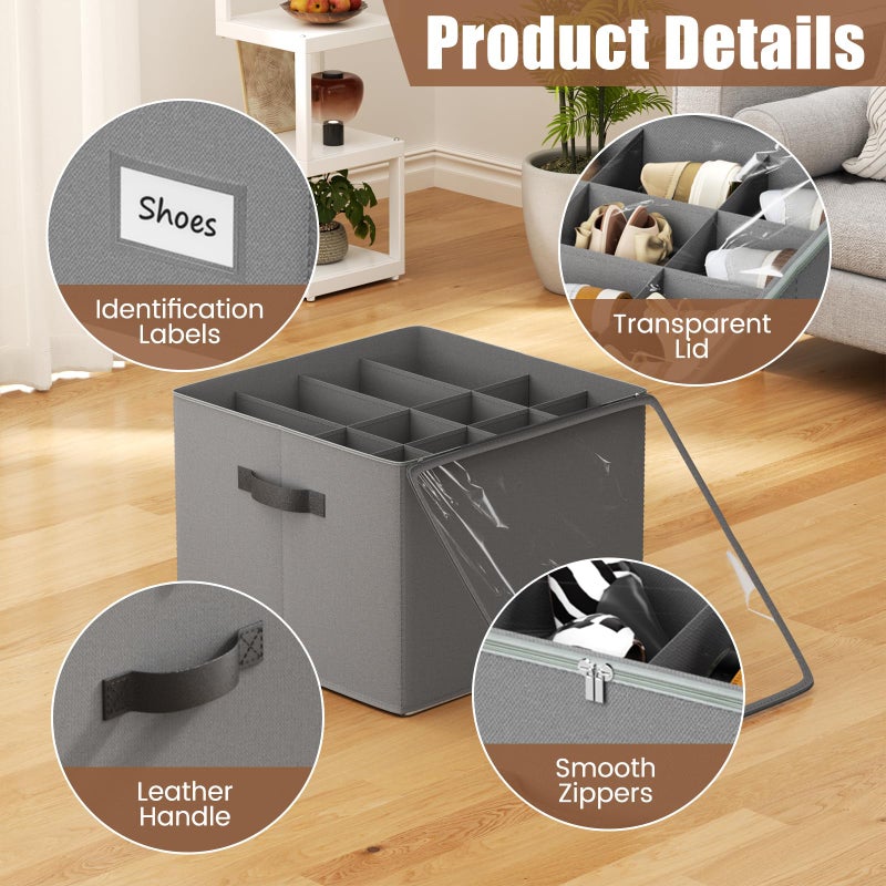 PHINOX Shoe Organizer for Closet, 2 Pack Fabric Shoe Organizer Storage Box, Shoe Storage Containers with Clear Cover, Closet Shoe Storage for Boots Sandals Slippers,Fits 16-32 Pairs, Gray - Image 3