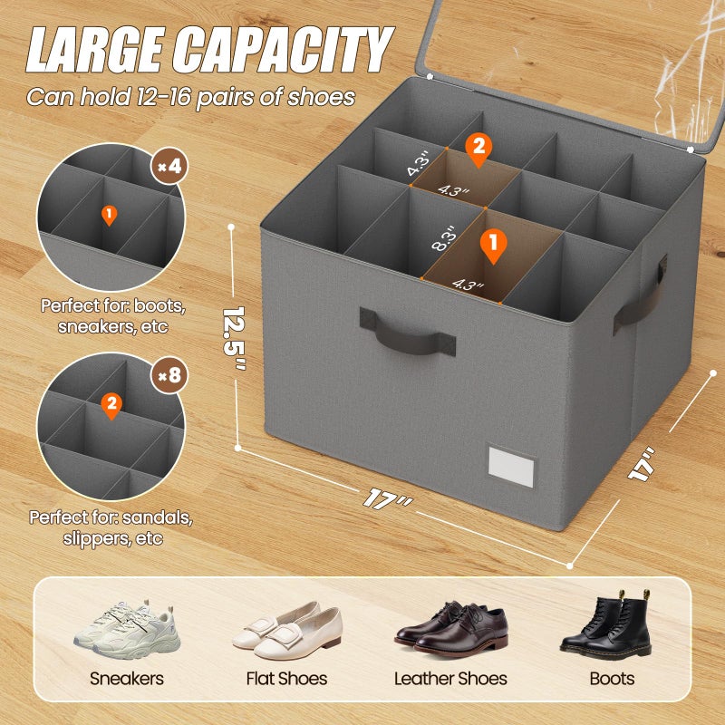 PHINOX Shoe Organizer for Closet, 2 Pack Fabric Shoe Organizer Storage Box, Shoe Storage Containers with Clear Cover, Closet Shoe Storage for Boots Sandals Slippers,Fits 16-32 Pairs, Gray - Image 2