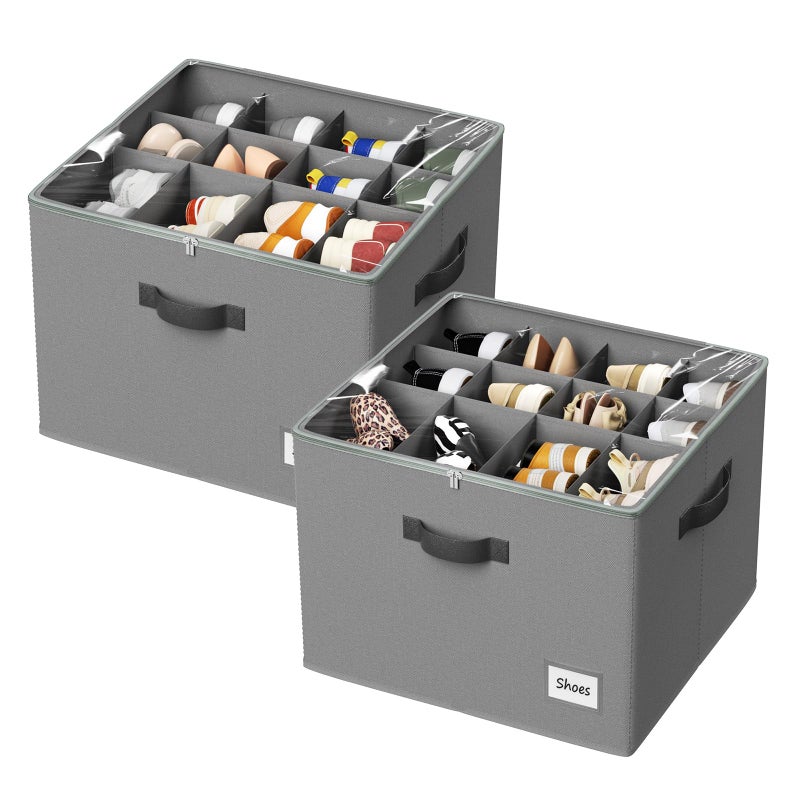 PHINOX Shoe Organizer for Closet, 2 Pack Fabric Shoe Organizer Storage Box, Shoe Storage Containers with Clear Cover, Closet Shoe Storage for Boots Sandals Slippers,Fits 16-32 Pairs, Gray - Image 1
