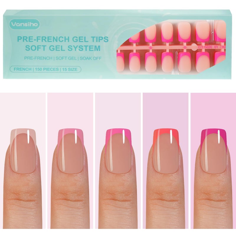 VANSIHO 150Pcs French Gel Nail Tips Vansiho Short Square Nail Tips Pink PreFrench Tips Press on Nails Soak Off Soft Gel Acrylic Fake Nails for Nail Art DIY 15 Sizes - Image 2