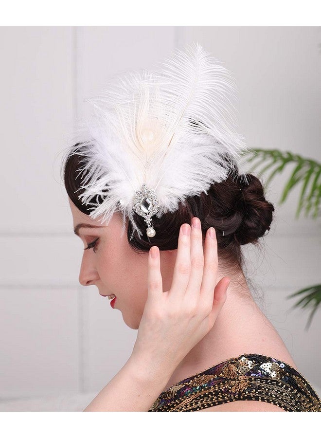 Aimimier 1920S Flapper White Feather Headpiece Crystal Pendant Hair Clip Roaring 20S Feather Accessories Masquerade Gatsby Hair Jewelry For Women And Girls - Image 3