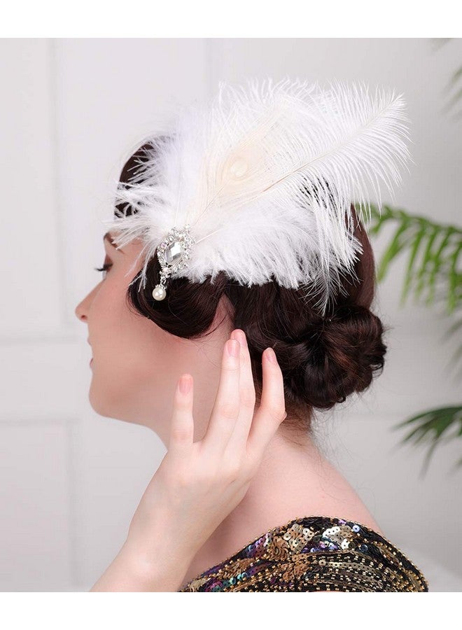 Aimimier 1920S Flapper White Feather Headpiece Crystal Pendant Hair Clip Roaring 20S Feather Accessories Masquerade Gatsby Hair Jewelry For Women And Girls - Image 1