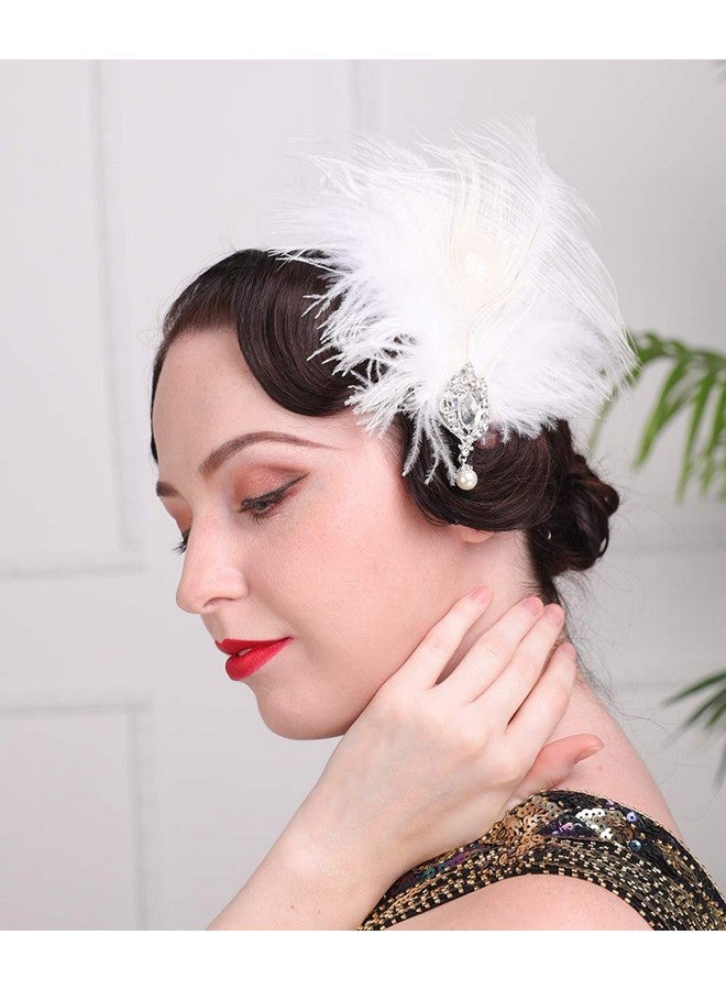 Aimimier 1920S Flapper White Feather Headpiece Crystal Pendant Hair Clip Roaring 20S Feather Accessories Masquerade Gatsby Hair Jewelry For Women And Girls - Image 2
