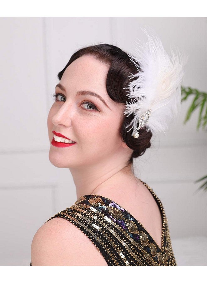 Aimimier 1920S Flapper White Feather Headpiece Crystal Pendant Hair Clip Roaring 20S Feather Accessories Masquerade Gatsby Hair Jewelry For Women And Girls - Image 4