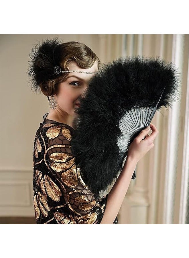 Unewshi Fan 20s Vintage Folding Fan Feather Hand Fan, White Foldable Feather Fan Handheld Flapper Hand Fan for Costume Dancing Show Tea Party Wedding Decoration Black - Image 5