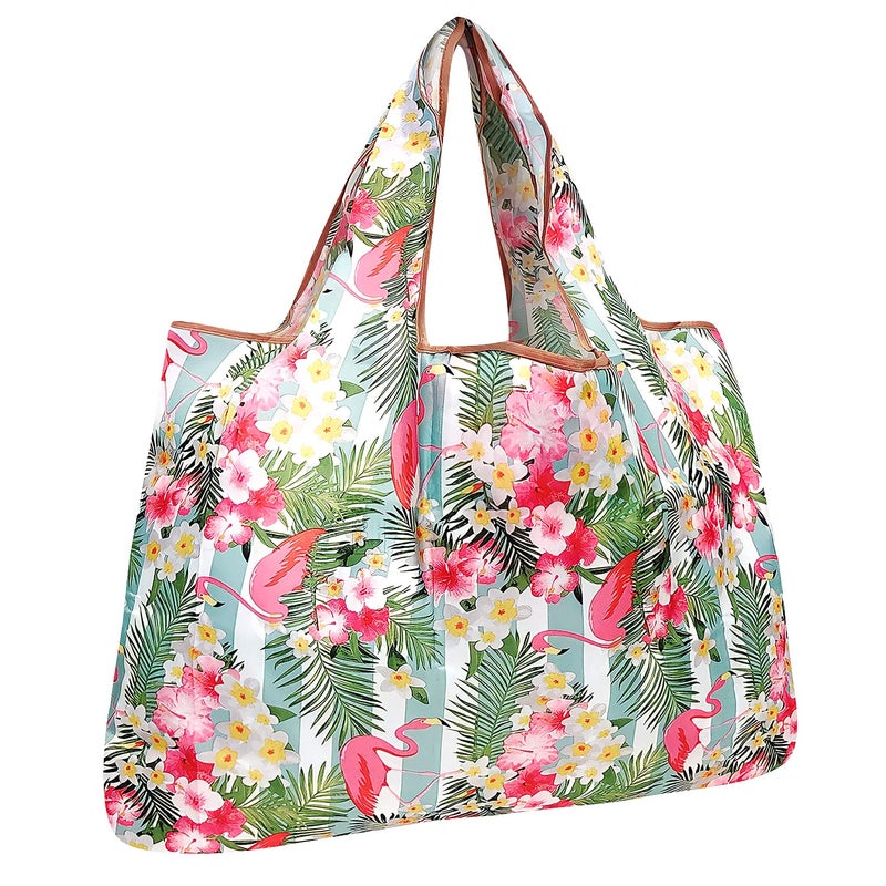 allydrew Large Foldable Tote Nylon Reusable Grocery Bag  Flamingos & Tropical Flowers - Image 2