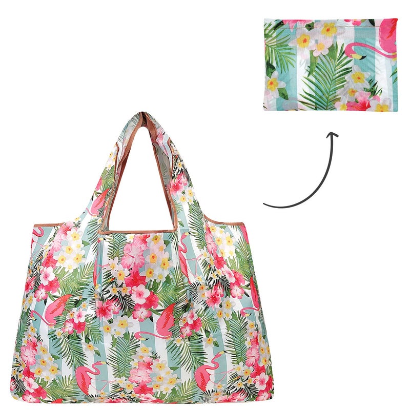 allydrew Large Foldable Tote Nylon Reusable Grocery Bag  Flamingos & Tropical Flowers - Image 5