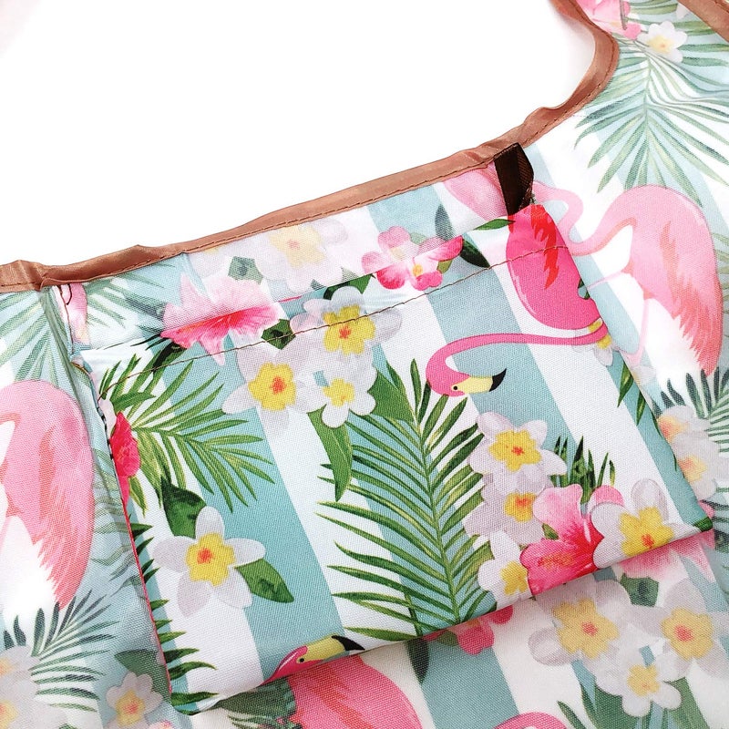 allydrew Large Foldable Tote Nylon Reusable Grocery Bag  Flamingos & Tropical Flowers - Image 4