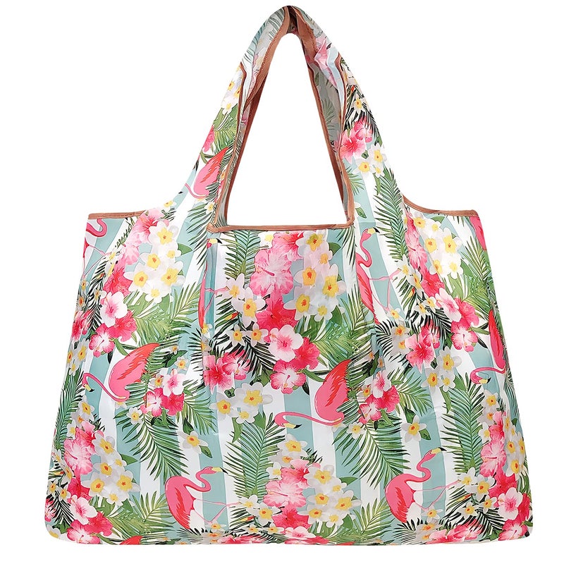 allydrew Large Foldable Tote Nylon Reusable Grocery Bag  Flamingos & Tropical Flowers - Image 3