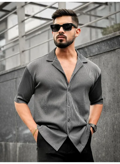 Maniac Maniac Men Stripe Textured Collared Neck 3/4th Sleeve Grey Polyester Shirt