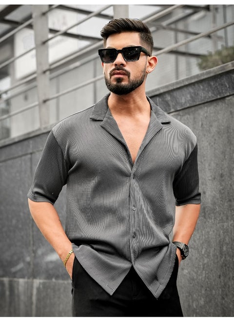 Maniac Men Stripe Textured Collared Neck 3/4th Sleeve Grey Polyester Shirt