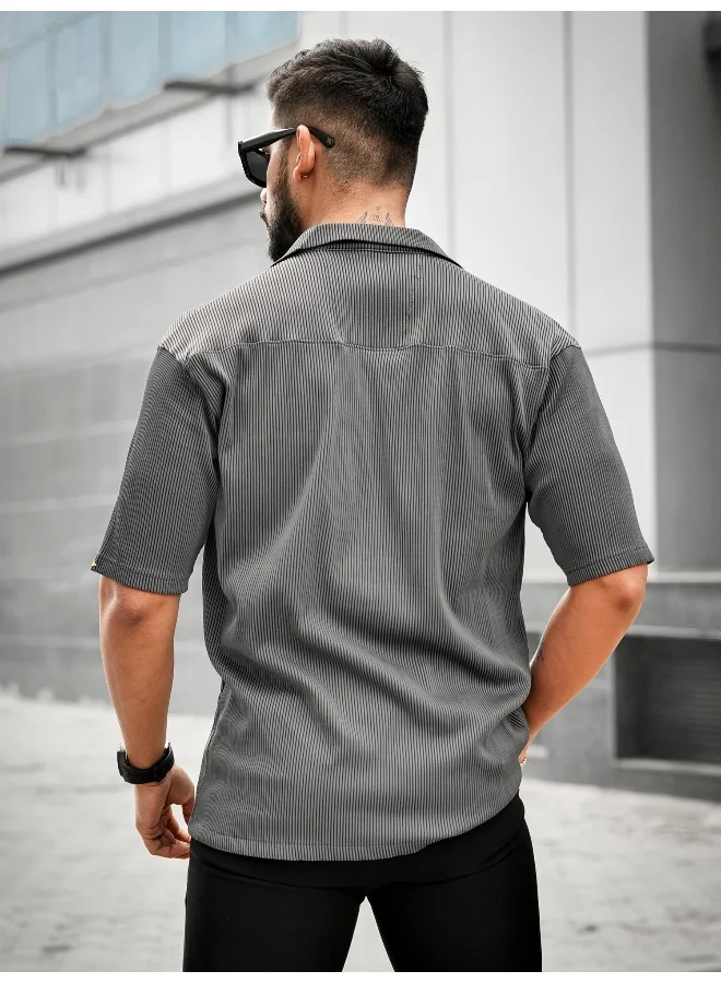 Maniac Maniac Men Stripe Textured Collared Neck 3/4th Sleeve Grey Polyester Shirt
