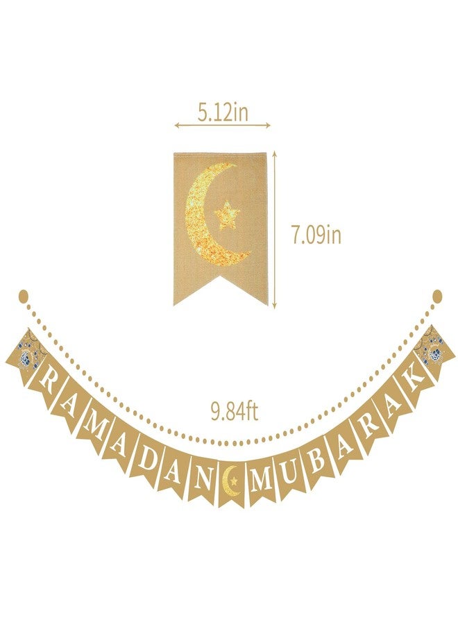 لافتة من الخيش مكتوب عليها "رمضان مبارك" لتزيين المنزل، مزينة بزخارف الهلال والنجوم، لتزيين رف المدفأة. - Image 2