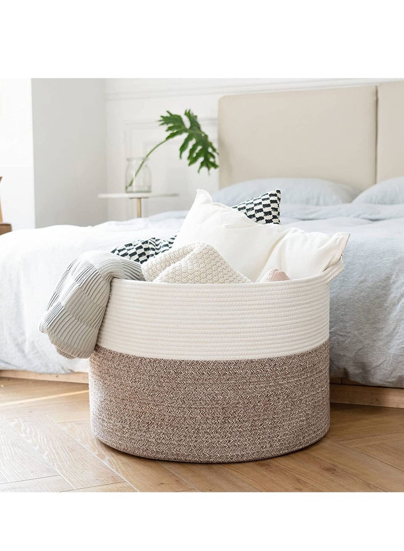 MIXDE Large Cotton Rope Basket 21.7" x 21.7" x 13.8" Woven Baby Laundry Basket for Blankets Toys Storage Basket with Handle Comforter Cushions Storage Bins Thread Hamper (White & Brown) - Image 2