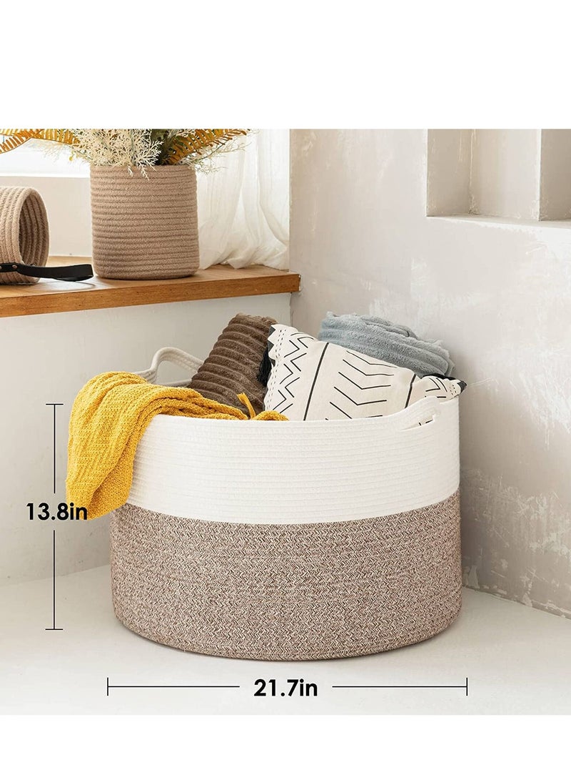MIXDE Large Cotton Rope Basket 21.7" x 21.7" x 13.8" Woven Baby Laundry Basket for Blankets Toys Storage Basket with Handle Comforter Cushions Storage Bins Thread Hamper (White & Brown) - Image 3