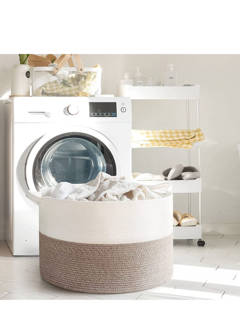 MIXDE Large Cotton Rope Basket 21.7" x 21.7" x 13.8" Woven Baby Laundry Basket for Blankets Toys Storage Basket with Handle Comforter Cushions Storage Bins Thread Hamper (White & Brown) - Image 4