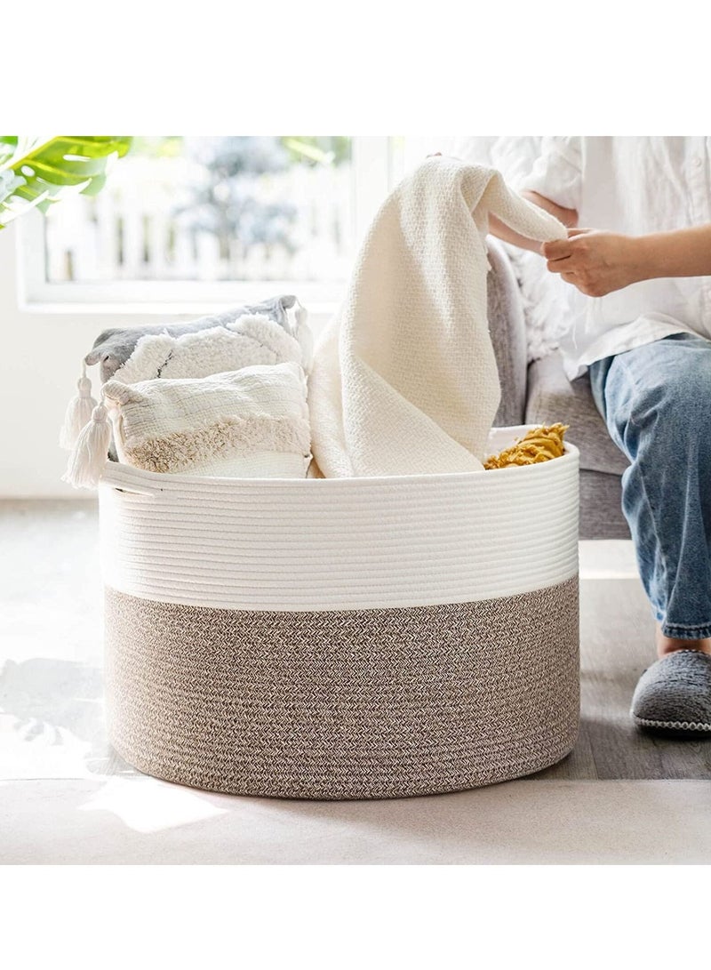 MIXDE Large Cotton Rope Basket 21.7" x 21.7" x 13.8" Woven Baby Laundry Basket for Blankets Toys Storage Basket with Handle Comforter Cushions Storage Bins Thread Hamper (White & Brown) - Image 5