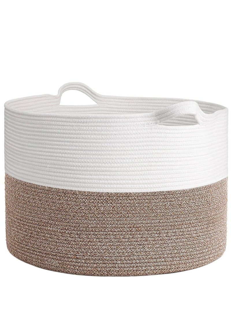 MIXDE Large Cotton Rope Basket 21.7" x 21.7" x 13.8" Woven Baby Laundry Basket for Blankets Toys Storage Basket with Handle Comforter Cushions Storage Bins Thread Hamper (White & Brown) - Image 1