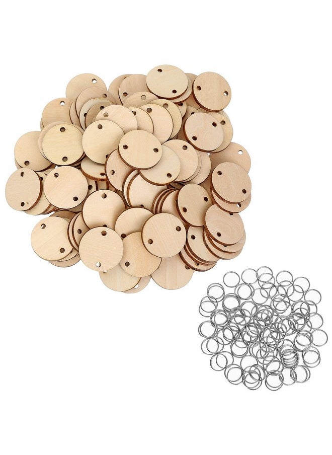 Bememo 100 Pieces Round Wooden Discs With Holes Birthday Board Tags And 100 Pieces 15 Mm Rings For Arts And Crafts (3Cm)  - Image 1