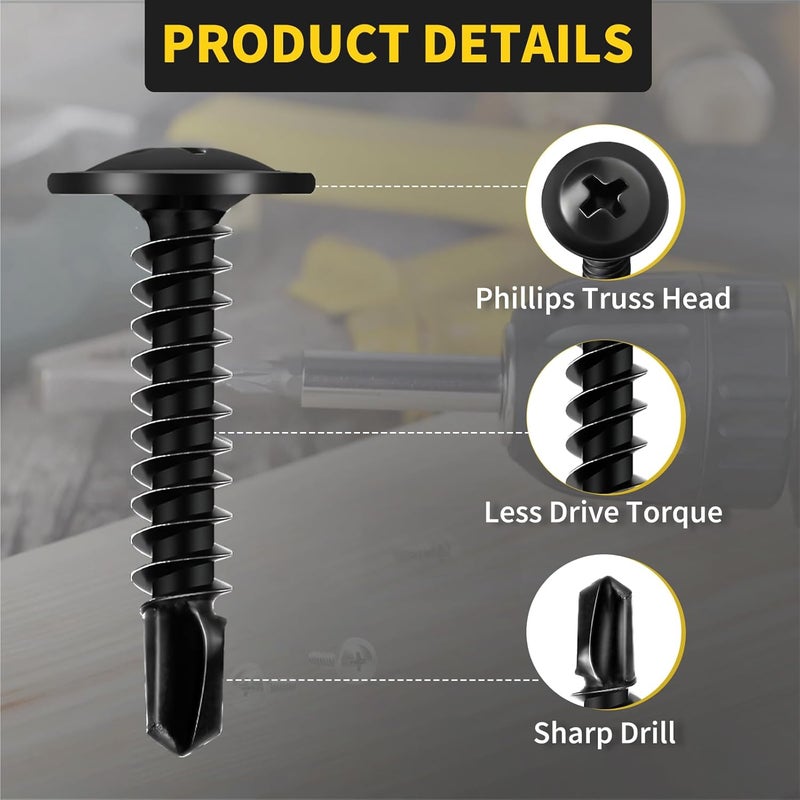 FIXLINK Sheet Metal Screws #8 x 1, 110pcs Phillips Modified Truss Head Self Tapping Screws for Metal, Self Drilling Screws, Black - Image 3