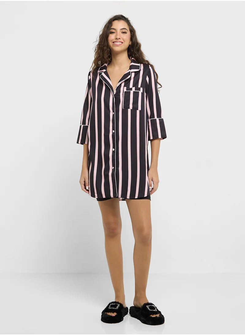 جينجر Satin Stripe Sleep Shirt Dress