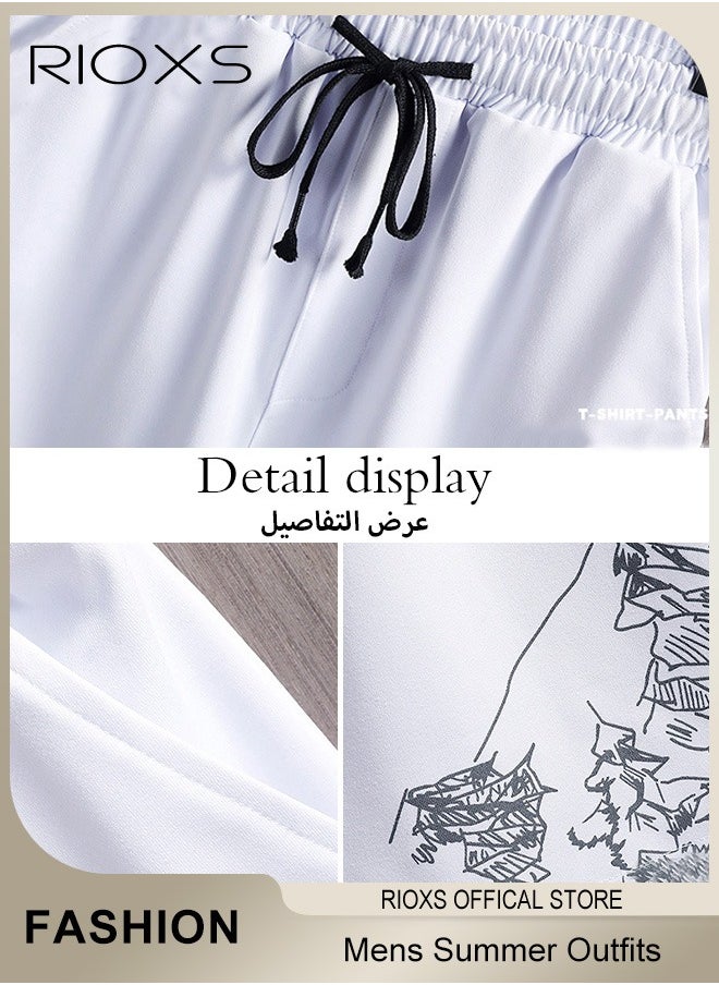 RIOXS - Mens 2 Piece Set Summer Outfits-Trendy Printed City Sketch T-shirt & Elastic Waist Downstring Shorts,Fashion Casual T-shirt And Shorts Sets,Great For Teens Men Daily Wear - Image 1