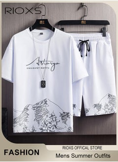RIOXS Mens 2 Piece Set Summer Outfits-Trendy Printed City Sketch T-shirt & Elastic Waist Downstring Shorts,Fashion Casual T-shirt And Shorts Sets,Great For Teens Men Daily Wear  - Image 1