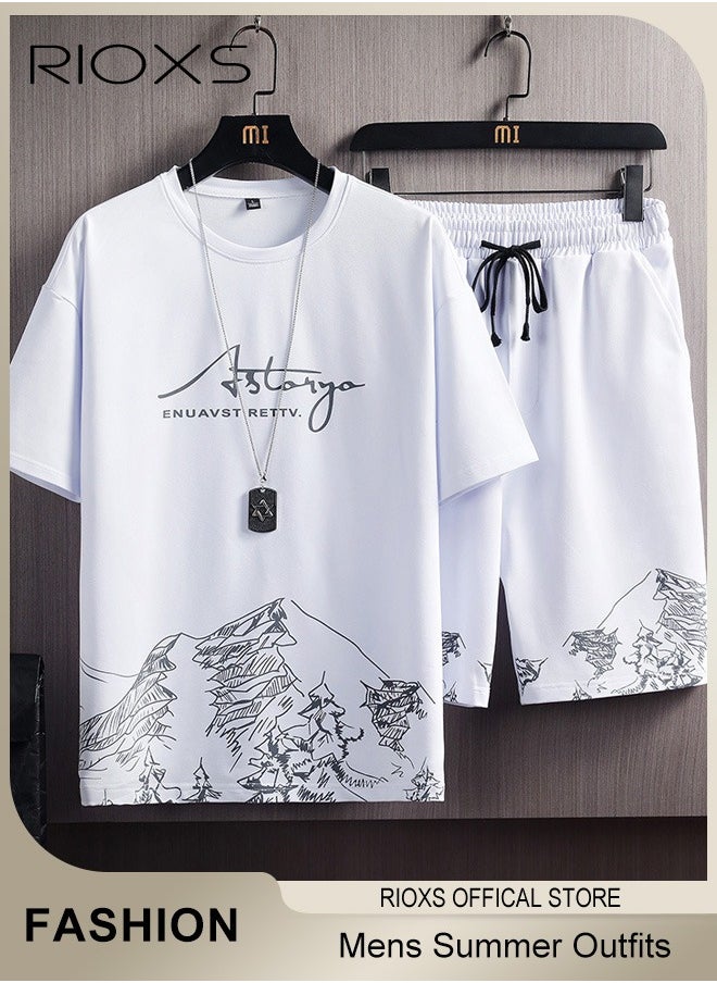 RIOXS - Mens 2 Piece Set Summer Outfits-Trendy Printed City Sketch T-shirt & Elastic Waist Downstring Shorts,Fashion Casual T-shirt And Shorts Sets,Great For Teens Men Daily Wear - Image 1