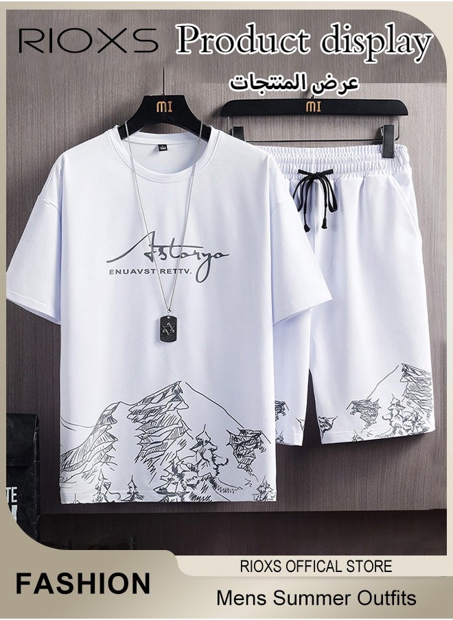 RIOXS - Mens 2 Piece Set Summer Outfits-Trendy Printed City Sketch T-shirt & Elastic Waist Downstring Shorts,Fashion Casual T-shirt And Shorts Sets,Great For Teens Men Daily Wear - Image 1