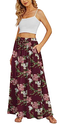 Yincro Women's Flowy Maxi Skirt Summer Pleated High Waisted Casual Long Skirts with Pockets (Flower Wine Red, M) - Image 1