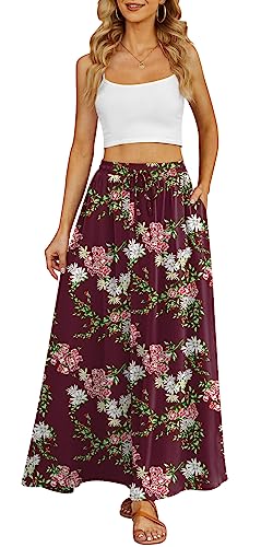 Yincro Women's Flowy Maxi Skirt Summer Pleated High Waisted Casual Long Skirts with Pockets (Flower Wine Red, M) - Image 3
