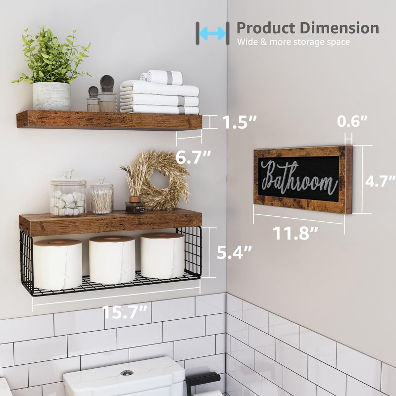 QEEIG â€ŽBathroom Shelves Over Toilet - Paper Storage Wall Mounted Farmhouse Decor Decorations Aesthetic DÃ©cor Sign Small Floating Shelf 2+1 Set 16 inch, Rustic Brown (020BN) - Image 3