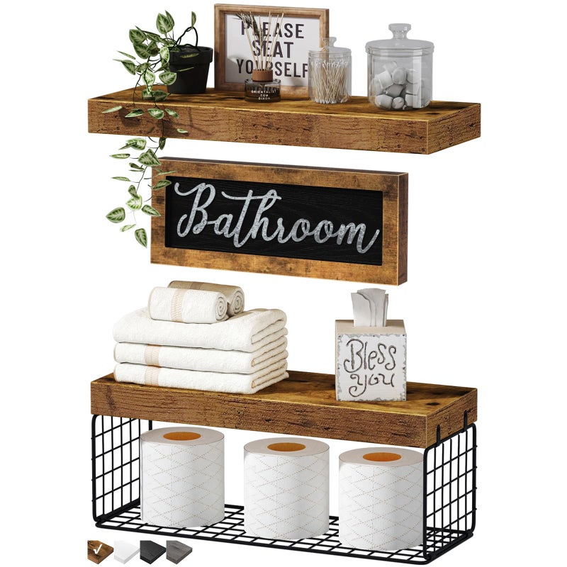 QEEIG â€ŽBathroom Shelves Over Toilet - Paper Storage Wall Mounted Farmhouse Decor Decorations Aesthetic DÃ©cor Sign Small Floating Shelf 2+1 Set 16 inch, Rustic Brown (020BN) - Image 1