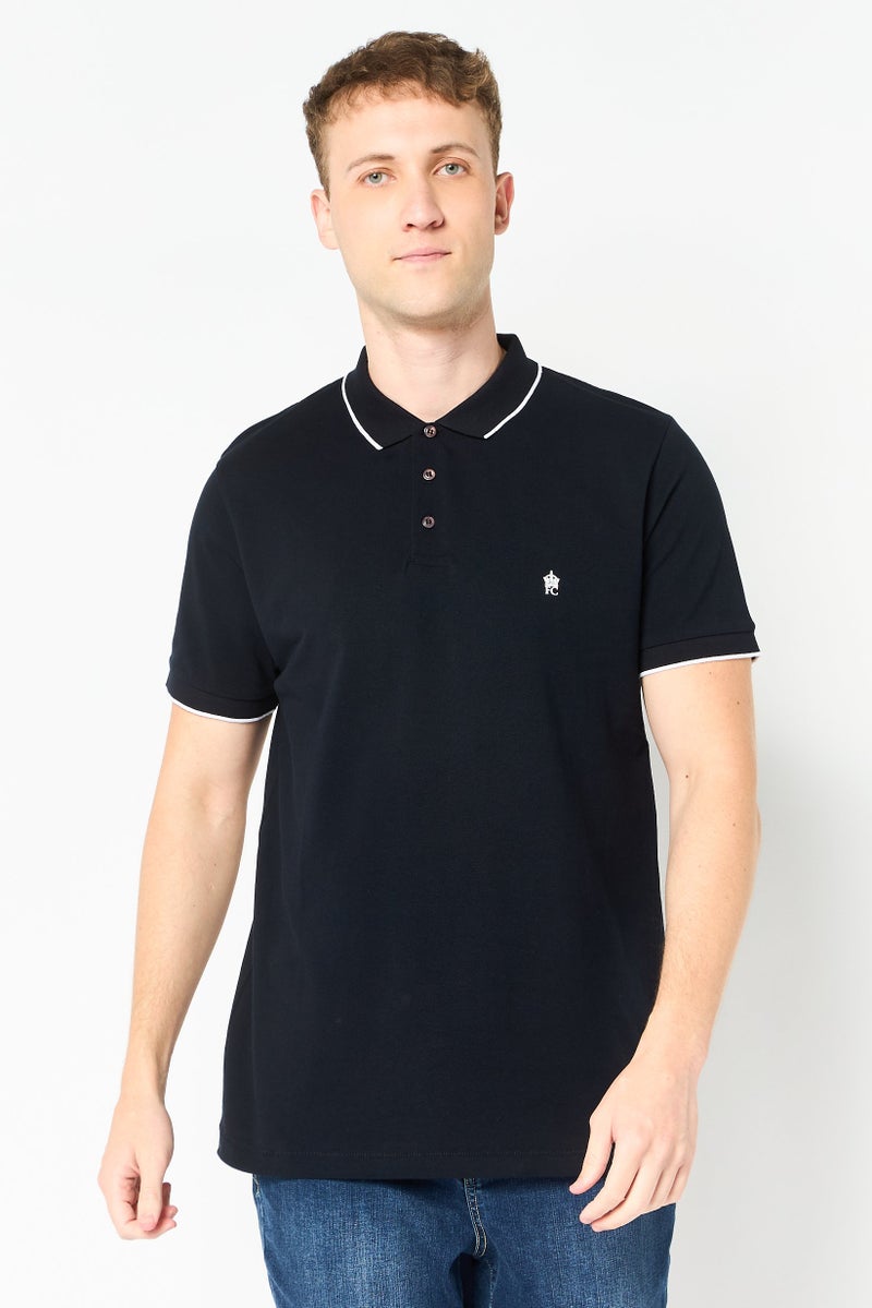 French Connection Men Regular Fit Brand Logo Short Sleeve Polo Shirt, Navy - Image 1