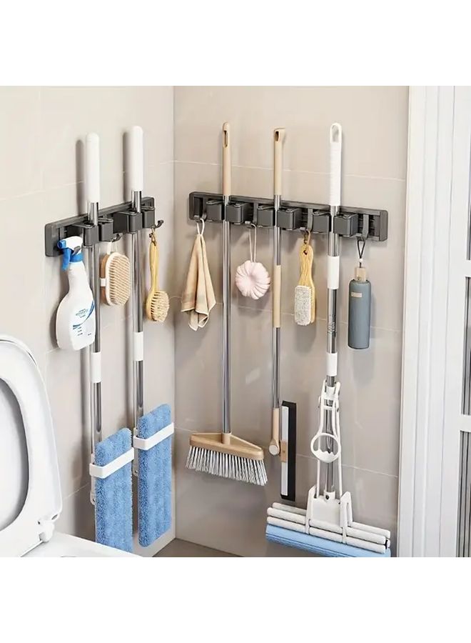 Grey 6 Hooks Wall Mounted Adjustable Mop Broom Holder Storage Rack For Home Kitchen Garage - Image 2