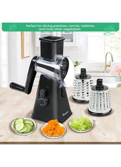 Home Pro Fruit And Vegetable Slicer With 3 Stainless Steel Rotary Blades Multifunctional Round Cheese Slicer And Vegetable Manual And Safe Grinding (Black)  - Image 3