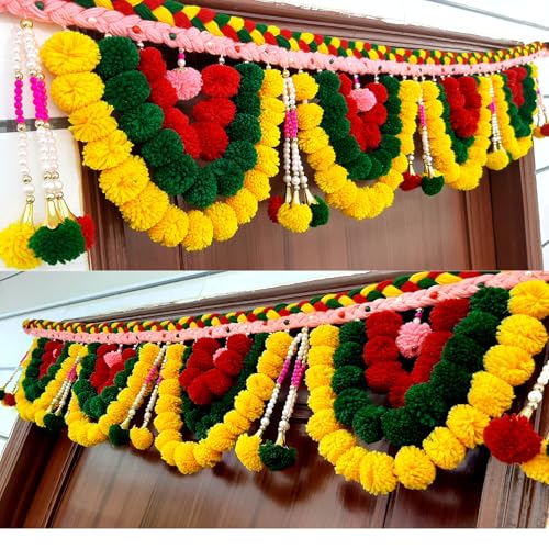 SATVIK CREATIONS Door Toran Garland - Traditional Diwali Decoration with Pom Poms, Red Yellow Green Hanging, Festive Indian Home Decor, 3ft - Image 4