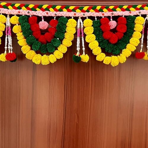 SATVIK CREATIONS Door Toran Garland - Traditional Diwali Decoration with Pom Poms, Red Yellow Green Hanging, Festive Indian Home Decor, 3ft - Image 2