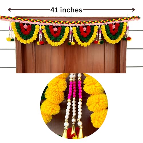 SATVIK CREATIONS Door Toran Garland - Traditional Diwali Decoration with Pom Poms, Red Yellow Green Hanging, Festive Indian Home Decor, 3ft - Image 3